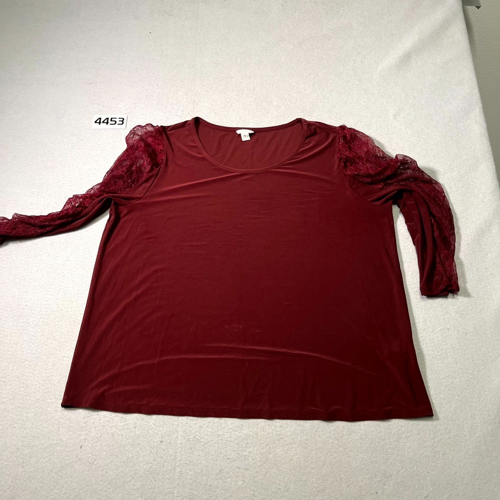 EST. 1946 Blouse Top Womens XL Burgundy Lace Floral Sleeve Round Neck Outdoor